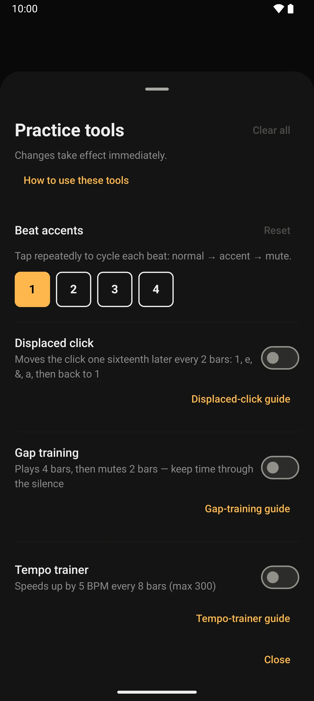GigClick practice tools showing beat accents, Displaced click, gap training and tempo trainer