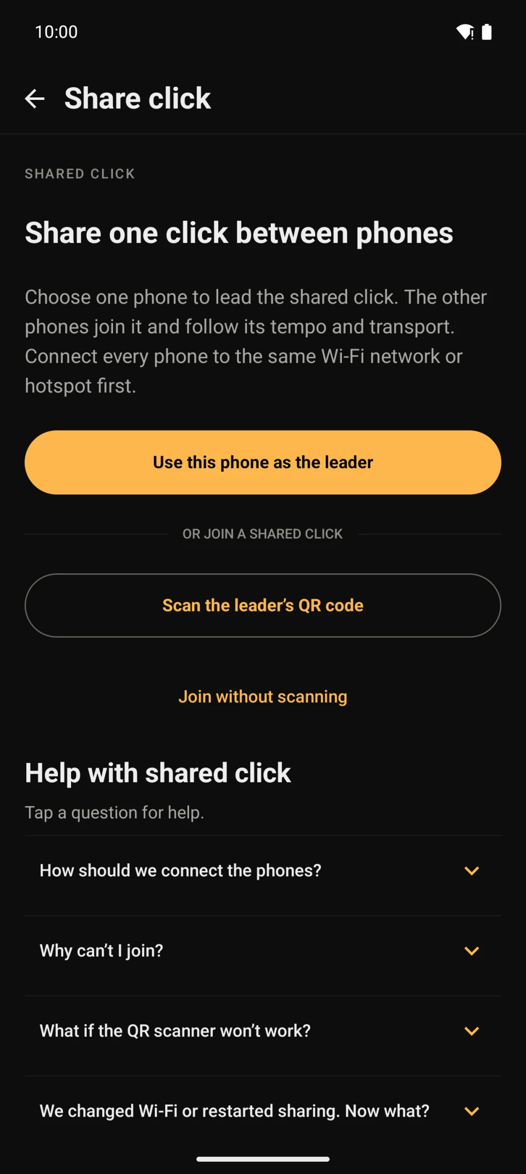 GigClick Share click screen with options to lead or join a shared click and help topics below