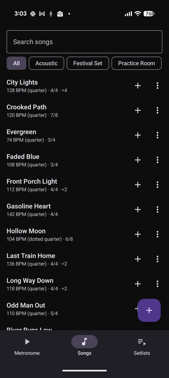 GigClick song library showing searchable folders and saved tempos, meters and subdivision settings