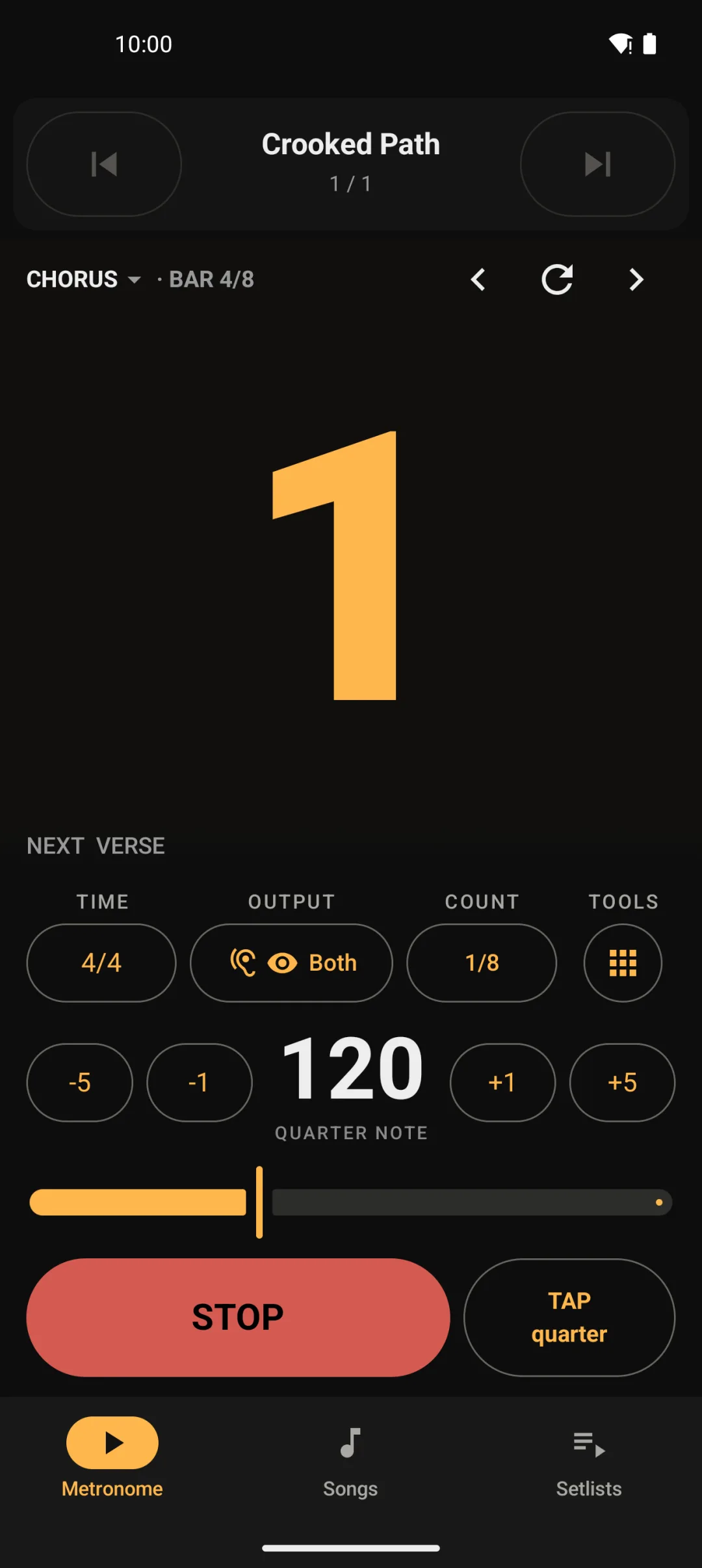 GigClick playing a structured song in its chorus, bar 4 of 8, with the next section and section controls above the beat count