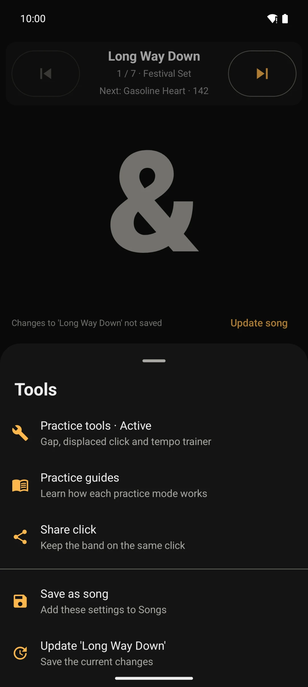 GigClick Tools sheet with practice tools, practice guides, Share click and song actions